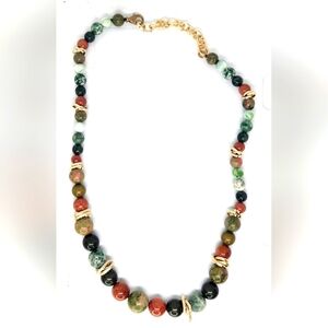Vtg Semi Precious Natural Stone Beaded Ball Necklace Goldstone Unakite Gold Tone